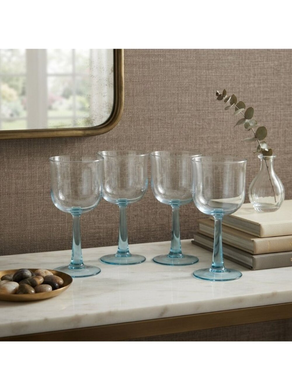 Set of 4 Vintage Aqua Blue Stem Wine Glasses Clear Bowls Retro Barware